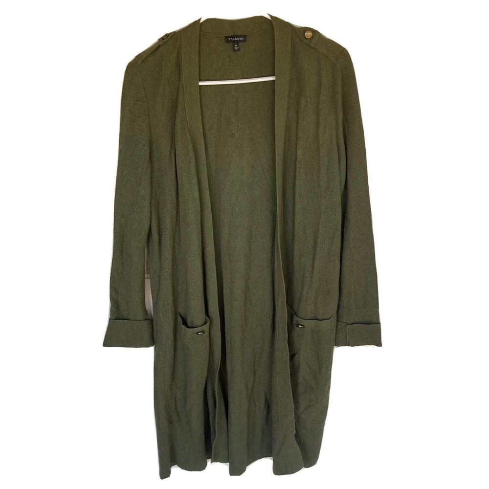 Talbots Womens Sz Medium Olive Green Long Cardigan Sweater Open Front Pockets